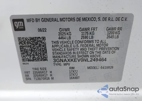 2022 Chevrolet Equinox Fwd Lt from USA, damaged, VIN 3GNAXKEV0NL249464